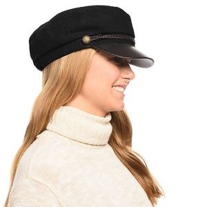 Wool & Faux Leather Greek Fisherman Cap Hat Black